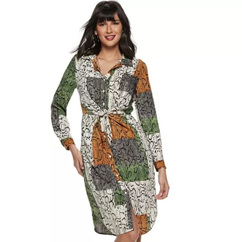 Nine West Knot-Front Shirt Dress, L,  Black/White/Green/Grey Multi